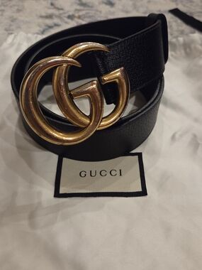 Gucci Black Leather Belt with Gold Double G Buckle
